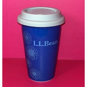 LL Bean Blue Floral Design‎ 12oz Ceramic Double Wall Travel Mug Cup Silicone Lid